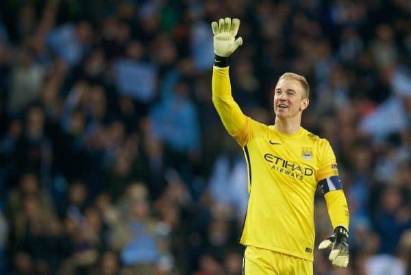 MANCHESTER, ENGLAND - Tuesday, April 12, 2016: Manchester City's goalkeeper Joe Hart celebrates after the 1-0 (3-2 on aggregate) victory over Paris Saint-Germain during the UEFA Champions League Quarter-Final 2nd Leg match at the City of Manchester Stadium. (Pic by David Rawcliffe/Propaganda)