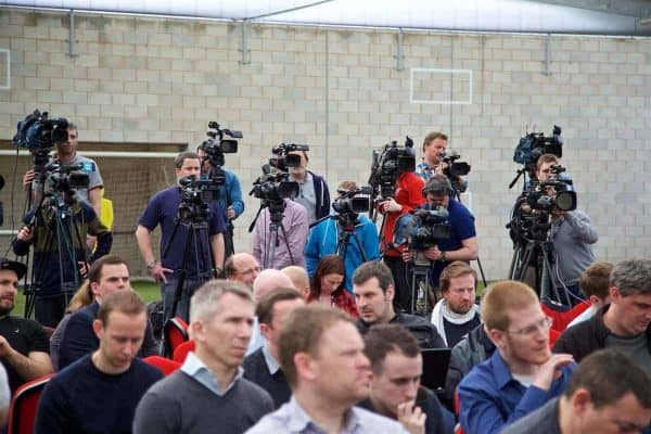 LIVERPOOL, ENGLAND - Wednesday, April 13, 2016: Television and journalists during a press conference at Melwood Training Ground ahead of the UEFA Europa League Quarter-Final 2nd Leg match between Liverpool and Borussia Dortmund. (Pic by David Rawcliffe/Propaganda)