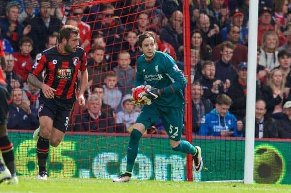 BOURNEMOUTH, ENGLAND - Sunday, April 17, 2016: Liverpool's goalkeeper Danny Ward in action against Bournemouth during the FA Premier League match at Dean Court. (Pic by David Rawcliffe/Propaganda)