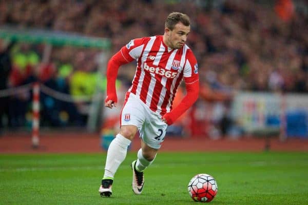 STOKE-ON-TRENT, ENGLAND - Monday, April 18, 2016: Stoke City's Xherdan Shaqiri in action against Tottenham Hotspur during the FA Premier League match at the Britannia Stadium. (Pic by David Rawcliffe/Propaganda)