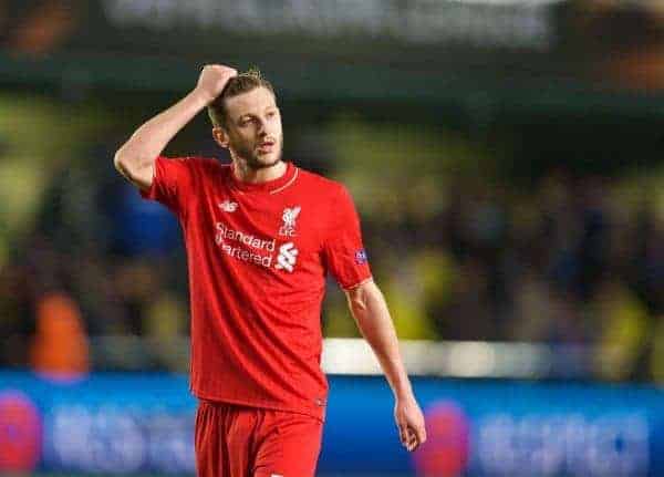 VILLRREAL, SPAIN - Thursday, April 28, 2016: Liverpool's Adam Lallana looks dejected after the injury-time 1-0 defeat to Villarreal CF during the UEFA Europa League Semi-Final 1st Leg match at Estadio El Madrigal. (Pic by David Rawcliffe/Propaganda)