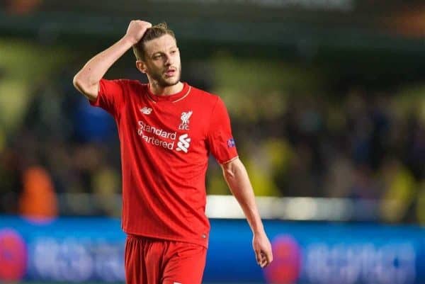 VILLRREAL, SPAIN - Thursday, April 28, 2016: Liverpool's Adam Lallana looks dejected after the injury-time 1-0 defeat to Villarreal CF during the UEFA Europa League Semi-Final 1st Leg match at Estadio El Madrigal. (Pic by David Rawcliffe/Propaganda)