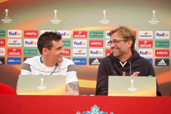 LIVERPOOL, ENGLAND - Wednesday, May 4, 2016: Liverpool's manager Jürgen Klopp and Dejan Lovren during a press conference at Melwood Training Ground ahead of the UEFA Europa League Semi-Final 2nd Leg match against Villarreal CF. (Pic by David Rawcliffe/Propaganda)