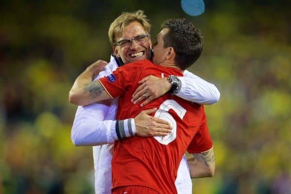 LIVERPOOL, ENGLAND - Thursday, May 5, 2016: Liverpool's manager Jürgen Klopp celebrates with Dejan Lovren after his side's 3-0 victory over Villarreal, reaching the final 3-1 on aggregate, during the UEFA Europa League Semi-Final 2nd Leg match at Anfield. (Pic by David Rawcliffe/Propaganda)