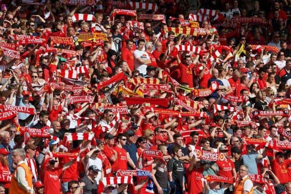 LIVERPOOL, ENGLAND - Sunday, May 8, 2016: Liverpool supporters in the Anfield Road stand before the Premier League match against Watford at Anfield. (Pic by David Rawcliffe/Propaganda)