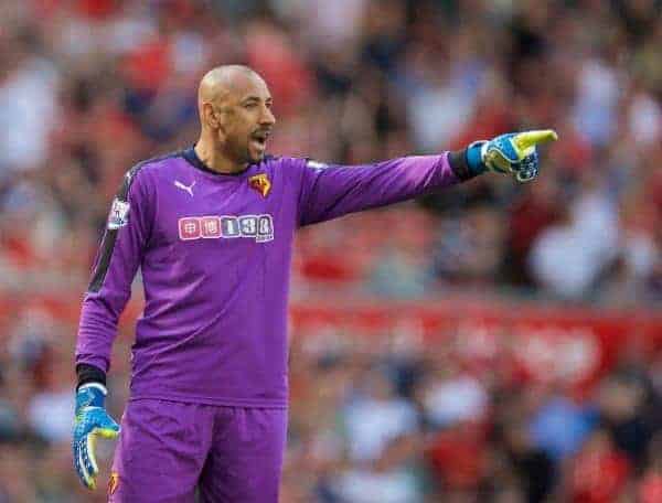 LIVERPOOL, ENGLAND - Sunday, May 8, 2016: Watford's goalkeeper Heurelho Gomes in action against Liverpool during the Premier League match at Anfield. (Pic by David Rawcliffe/Propaganda)