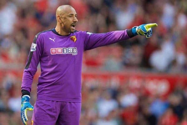 LIVERPOOL, ENGLAND - Sunday, May 8, 2016: Watford's goalkeeper Heurelho Gomes in action against Liverpool during the Premier League match at Anfield. (Pic by David Rawcliffe/Propaganda)