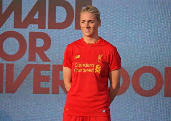 LIVERPOOL, ENGLAND - Monday, May 9, 2016: Liverpool's Gemma Bonner at the launch of the New Balance 2016/17 Liverpool FC kit at a live event in front of supporters at the Royal Liver Building on Liverpool's historic World Heritage waterfront. (Pic by David Rawcliffe/Propaganda)