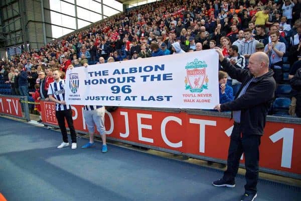 WEST BROMWICH, ENGLAND - Sunday, May 15, 2016: West Bromwich Albion supporters pay tribute to remember the 96 victims of the Hillsborough disaster, before the final Premier League match of the season against Liverpool at the Hawthorns. (Pic by David Rawcliffe/Propaganda)