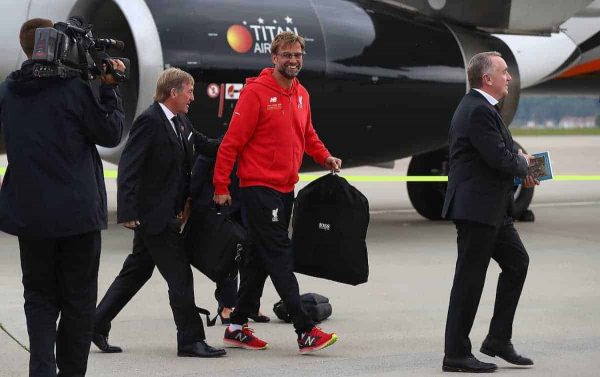 BASEL, SWITZERLAND - MAY 16: Liverpool's manager Jürgen Klopp and non-executive director Kenny Dalglish arrive at Basel airport ahead of the UEFA Europa League Final against Sevilla. (Photo by UEFA/Pool)