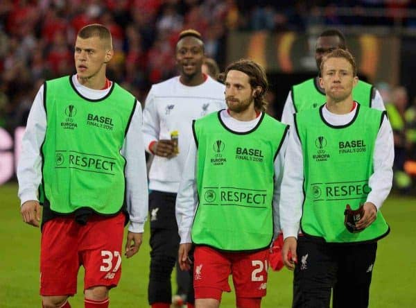 BASEL, SWITZERLAND - Wednesday, May 18, 2016: Liverpool's substitutes Martin Skrtel, Joe Allen and Lucas Leiva before the UEFA Europa League Final against Sevilla at St. Jakob-Park. (Pic by David Rawcliffe/Propaganda)