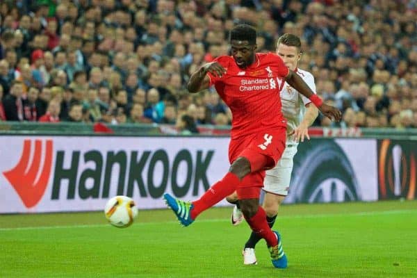 BASEL, SWITZERLAND - Wednesday, May 18, 2016: Liverpool's Kolo Toure in action against Sevilla's Kevin Gameiro during the UEFA Europa League Final at St. Jakob-Park. (Pic by David Rawcliffe/Propaganda)