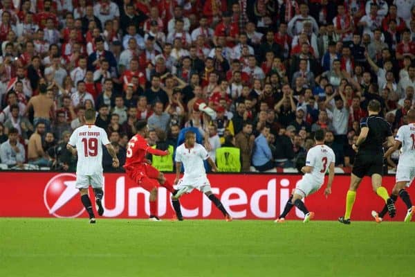 BASEL, SWITZERLAND - Wednesday, May 18, 2016: Liverpool's Daniel Sturridge scores the first goal against Sevilla during the UEFA Europa League Final at St. Jakob-Park. (Pic by David Rawcliffe/Propaganda)