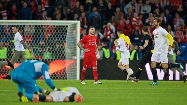 BASEL, SWITZERLAND - Wednesday, May 18, 2016: Liverpool's Alberto Moreno looks dejected as Sevilla win 3-1 during the UEFA Europa League Final at St. Jakob-Park. (Pic by David Rawcliffe/Propaganda)