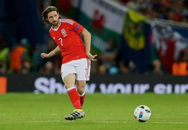 TOULOUSE, FRANCE - Monday, June 20, 2016: Wales' Joe Allen in action against Russia during the final Group B UEFA Euro 2016 Championship match at Stadium de Toulouse. (Pic by David Rawcliffe/Propaganda)