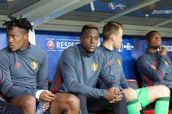 LILLE, FRANCE - Friday, July 1, 2016: Belgium's Divock Origi sits on the substitutes bench ahead of the UEFA Euro 2016 Championship Quarter-Final match against Wales at the Stade Pierre Mauroy. (Pic by Paul Greenwood/Propaganda)