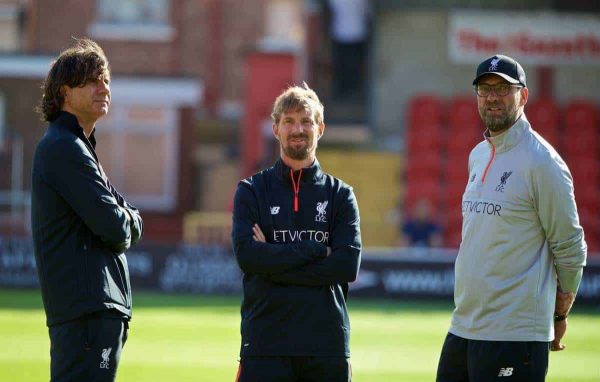 FLEETWOOD, ENGLAND - Wednesday, July 13, 2016: Liverpool's assistant manager Zeljko Buvac, head of fitness and conditioning Andreas Kornmayer and manager Jürgen Klopp before a friendly match against Fleetwood Town at Highbury Stadium. (Pic by David Rawcliffe/Propaganda)