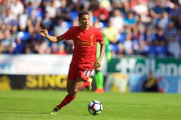WIGAN, ENGLAND - Sunday, July 17, 2016: Liverpool's Trent Alexander-Arnold in action against Wigan Athletic during a pre-season friendly match at the DW Stadium. (Pic by David Rawcliffe/Propaganda)