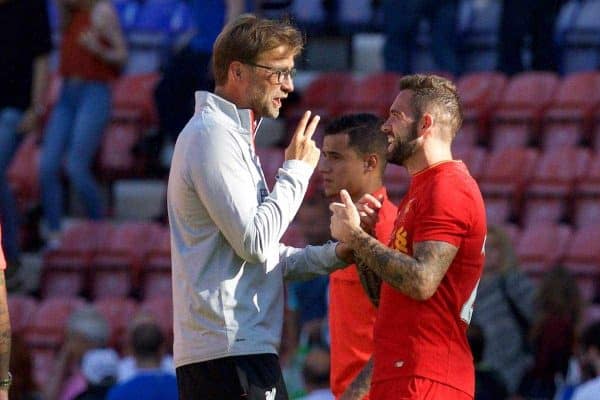 WIGAN, ENGLAND - Sunday, July 17, 2016: Liverpool's manager Jürgen Klopp jokes with goal-scorer Danny Ings after the 2-0 victory over Wigan Athletic during a pre-season friendly match at the DW Stadium. (Pic by David Rawcliffe/Propaganda)