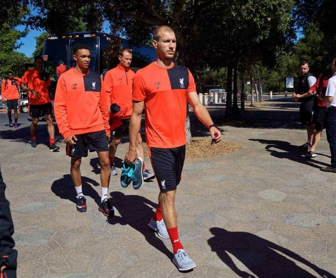 STANFORD, USA - Thursday, July 21, 2016: Liverpool's new signing Ragnar Klavan arrives for a training session in the Laird Q. Cagan Stadium at Stanford University on day one of the club's USA Pre-season Tour. (Pic by David Rawcliffe/Propaganda)