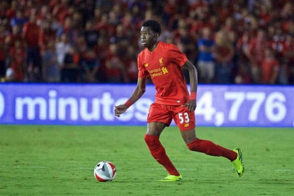 PASADENA, USA - Wednesday, July 27, 2016: Liverpool's Oviemuno Ejaria in action against Chelsea during the International Champions Cup 2016 game on day seven of the club's USA Pre-season Tour at the Rose Bowl. (Pic by David Rawcliffe/Propaganda)