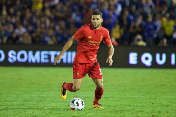 PASADENA, USA - Wednesday, July 27, 2016: Liverpool's Kevin Stewart in action against Chelsea during the International Champions Cup 2016 game on day seven of the club's USA Pre-season Tour at the Rose Bowl. (Pic by David Rawcliffe/Propaganda)