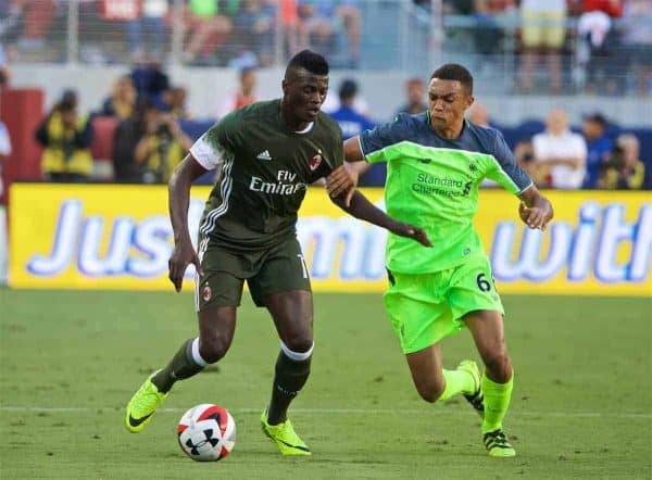 SANTA CLARA, USA - Saturday, July 30, 2016: Liverpool's Trent Alexander-Arnold in action against AC Milan's M'Baye Niang during the International Champions Cup 2016 game on day ten of the club's USA Pre-season Tour at the Levi's Stadium. (Pic by David Rawcliffe/Propaganda)