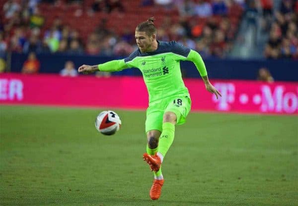 SANTA CLARA, USA - Saturday, July 30, 2016: Liverpool's Alberto Moreno in action against AC Milan during the International Champions Cup 2016 game on day ten of the club's USA Pre-season Tour at the Levi's Stadium. (Pic by David Rawcliffe/Propaganda)