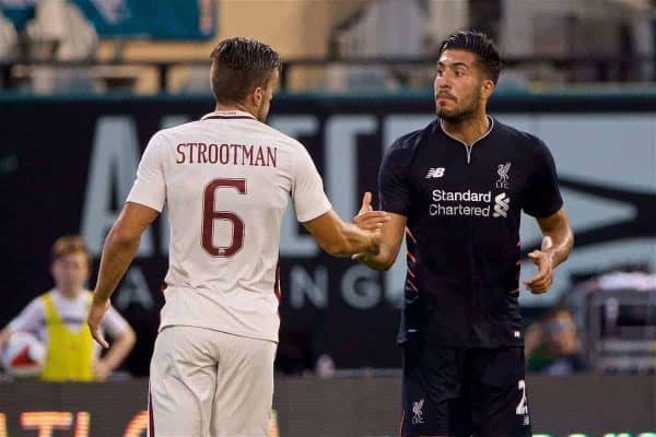 ST. LOUIS, USA - Monday, August 1, 2016: Liverpool's Emre Can makes up with AS Roma's Kevin Strootman after a clash during a pre-season friendly game on day twelve of the club's USA Pre-season Tour at the Busch Stadium. (Pic by David Rawcliffe/Propaganda)