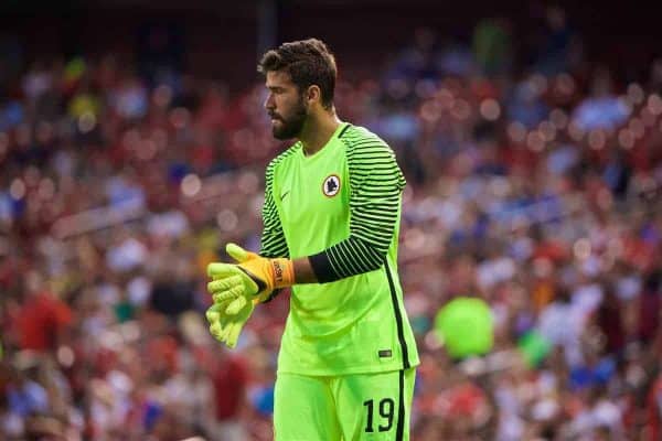 ST. LOUIS, USA - Monday, August 1, 2016: AS Roma's goalkeeper Becker Alisson in action against Liverpool during a pre-season friendly game on day twelve of the club's USA Pre-season Tour at the Busch Stadium. (Pic by David Rawcliffe/Propaganda)