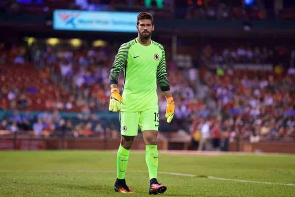 ST. LOUIS, USA - Monday, August 1, 2016: AS Roma's goalkeeper Becker Alisson in action against Liverpool during a pre-season friendly game on day twelve of the club's USA Pre-season Tour at the Busch Stadium. (Pic by David Rawcliffe/Propaganda)