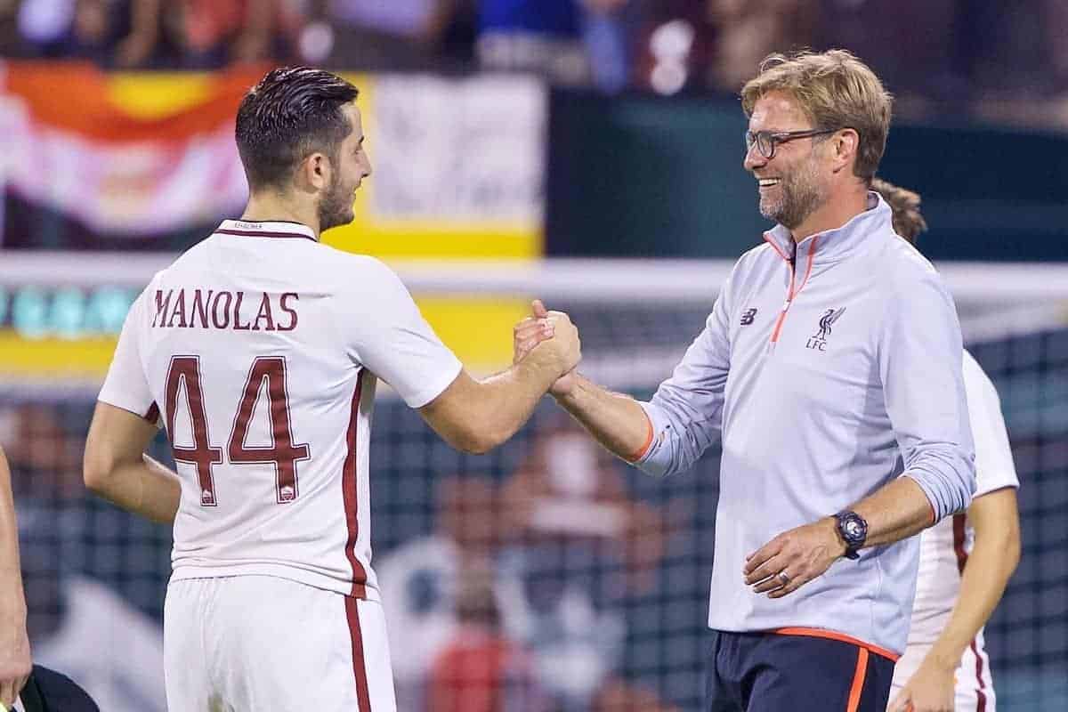 ST. LOUIS, USA - Monday, August 1, 2016: Liverpool's manager J¸rgen Klopp and AS Roma's Kostas Manolas after a pre-season friendly game on day twelve of the club's USA Pre-season Tour at the Busch Stadium. (Pic by David Rawcliffe/Propaganda)