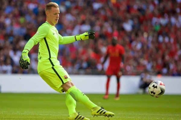 LONDON, ENGLAND - Saturday, August 6, 2016: Barcelona's goalkeeper Marc-AndrÈ ter Stegen in action against Liverpool during the International Champions Cup match at Wembley Stadium. (Pic by Xiaoxuan Lin/Propaganda)