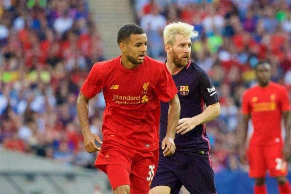 LONDON, ENGLAND - Saturday, August 6, 2016: Liverpool's Kevin Stewart in action against Barcelona's Lionel Messi during the International Champions Cup match at Wembley Stadium. (Pic by Xiaoxuan Lin/Propaganda)