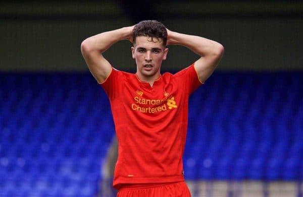 BIRKENHEAD, ENGLAND - Sunday, August 14, 2016: Liverpool's Adam Phillips looks dejected after missing a chance against Southampton during the Under-23 FA Premier League 2 match at Prenton Park. (Pic by Gavin Trafford/Propaganda)