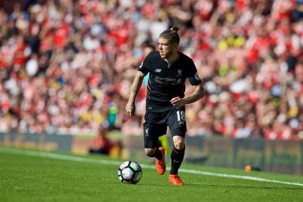 LONDON, ENGLAND - Sunday, August 14, 2016: Liverpool's Alberto Moreno in action against Arsenal during the FA Premier League match at the Emirates Stadium. (Pic by David Rawcliffe/Propaganda)