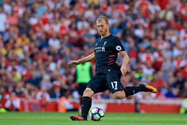 LONDON, ENGLAND - Sunday, August 14, 2016: Liverpool's Ragnar Klavan in action against Arsenal during the FA Premier League match at the Emirates Stadium. (Pic by David Rawcliffe/Propaganda)