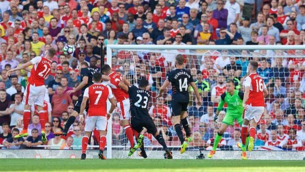 LONDON, ENGLAND - Sunday, August 14, 2016: Arsenal's Calum Chambers scores the third goal against Liverpool during the FA Premier League match against Arsenal at the Emirates Stadium. (Pic by David Rawcliffe/Propaganda)