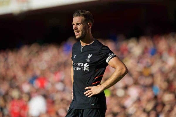 LONDON, ENGLAND - Sunday, August 14, 2016: Liverpool's captain Jordan Henderson during the FA Premier League match against Arsenal at the Emirates Stadium. (Pic by David Rawcliffe/Propaganda)