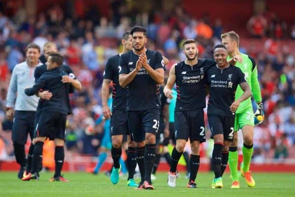 LONDON, ENGLAND - Sunday, August 14, 2016: Liverpool's Emre Can, Adam Lallana and Nathaniel Clyne celebrate the 4-3 victory over Arsenal after the FA Premier League match against Arsenal at the Emirates Stadium. (Pic by David Rawcliffe/Propaganda)