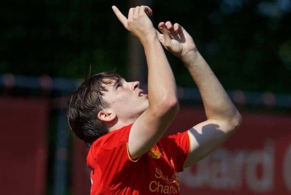 KIRKBY, ENGLAND - Monday, August 15, 2016: Liverpool's Liam Millar celebrates scoring the first goal against Blackburn Rovers during the Under-18 FA Premier League match at the Kirkby Academy. (Pic by David Rawcliffe/Propaganda)