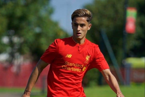 KIRKBY, ENGLAND - Monday, August 15, 2016: Liverpool's Yan Dhanda in action against Blackburn Rovers during the Under-18 FA Premier League match at the Kirkby Academy. (Pic by David Rawcliffe/Propaganda)