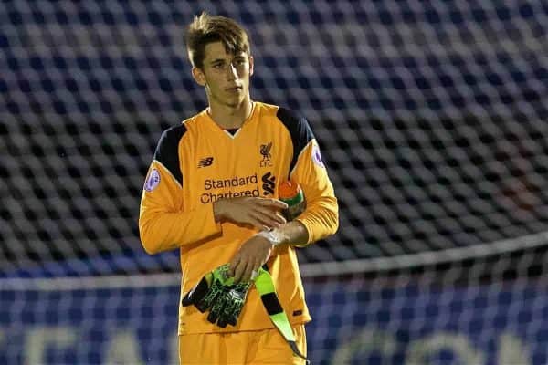 ALDERSHOT, ENGLAND - Monday, August 22, 2016: Liverpool's goalkeeper Kamil Grabara looks dejected as his side lose 4-1 to Chelsea during the FA Premier League 2 Under-23 match at the Recreation Ground. (Pic by David Rawcliffe/Propaganda)