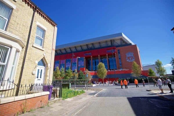 LIVERPOOL, ENGLAND - Monday, August 29, 2016: Liverpool's new Main Stand as seen from the terrance houses nearby as supporters experience the newly rebuilt stand for the second time during a test event at Anfield. (Pic by David Rawcliffe/Propaganda)