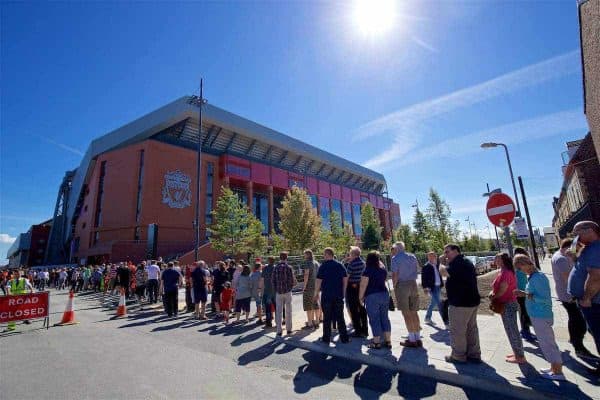 LIVERPOOL, ENGLAND - Monday, August 29, 2016: Supporters queue to enter Liverpool's new Main Stand as testing takes place for the second time at Anfield. (Pic by David Rawcliffe/Propaganda)