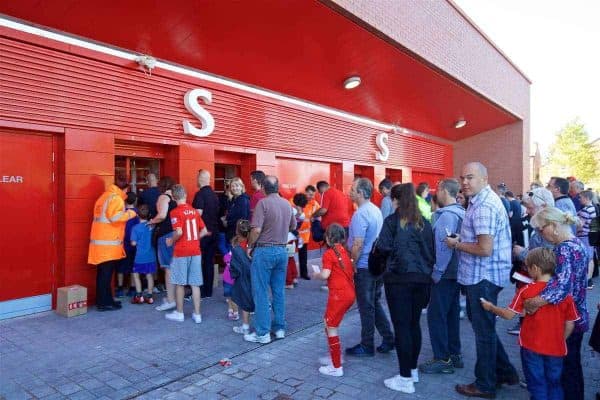 LIVERPOOL, ENGLAND - Monday, August 29, 2016: Supporters enter Liverpool's new Main Stand as supporters experience the newly rebuilt stand for the second time at Anfield. (Pic by David Rawcliffe/Propaganda)