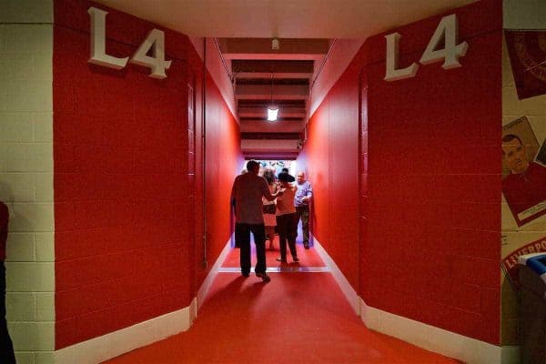 LIVERPOOL, ENGLAND - Monday, August 29, 2016: Interior design on the concourse of Liverpool's new Main Stand at it undergoes testing as supporters experience the newly rebuilt stand for the second time at Anfield. (Pic by David Rawcliffe/Propaganda)