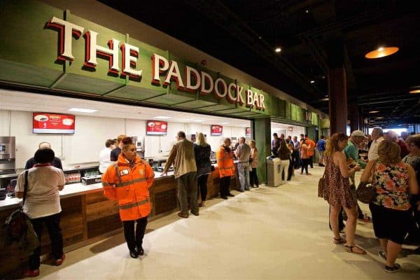 LIVERPOOL, ENGLAND - Monday, August 29, 2016: The Paddock Bar on the concourse of Liverpool's new Main Stand at it undergoes testing as supporters experience the newly rebuilt stand for the second time at Anfield. (Pic by David Rawcliffe/Propaganda)