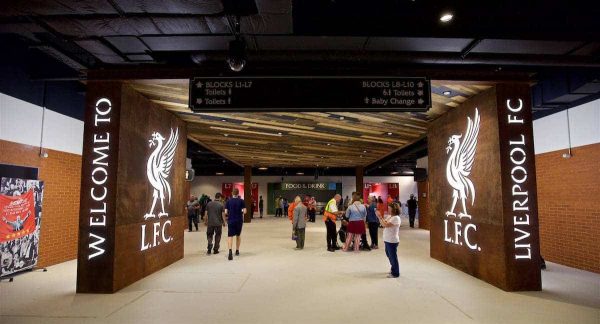 LIVERPOOL, ENGLAND - Monday, August 29, 2016: Interior design on the concourse of Liverpool's new Main Stand at it undergoes testing as supporters experience the newly rebuilt stand for the second time at Anfield. (Pic by David Rawcliffe/Propaganda)