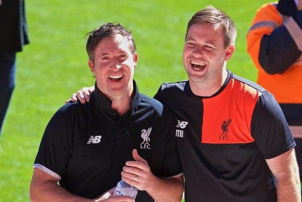 LIVERPOOL, ENGLAND - Monday, August 29, 2016: Liverpool's Robbie Fowler and Under-23 manager Michael Beale at the new Main Stand testing event as supporters experience the newly rebuilt stand for the second time at Anfield. (Pic by David Rawcliffe/Propaganda)